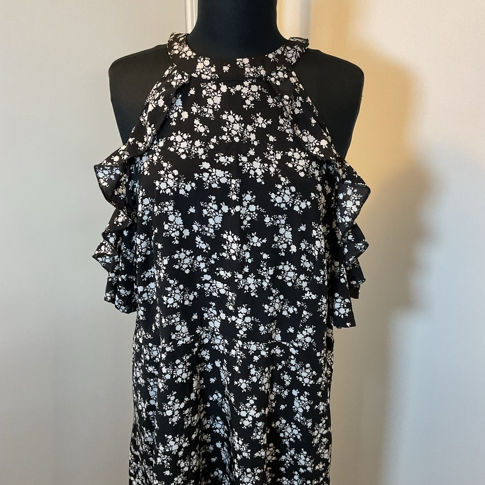 SHEIN Black White Floral Ruffle Cold Shoulder Dress 2XL Plus Wedding Party - Picture 2 of 6